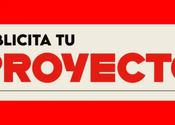 Poster-style banner: beige background with bold red word 'PROYECTO' and black 'PUBLICITA TU' above, red bars at top and bottom.