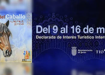 Banner for Feria del Caballo Jerez 2026 with a horse illustration on the left and event dates May 9–16 on a blue decorative background.