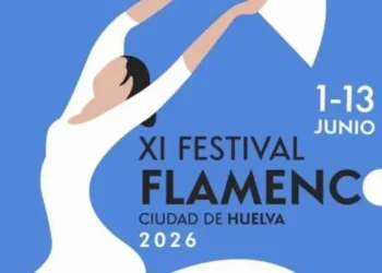 Stylized white flamenco dancer on a blue background with the text: XI Festival Flamenco, Ciudad de Huelva 2026, June 1–13.