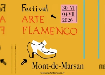Festival poster: ARTE FLAMENCO text, dates 30 VI–04 VII 2026, Mont-de-Marsan, shoe illustration, festivalarteflamenco.fr (orange background)