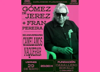 Pink event poster advertising Gómez de Jerez and Fran Pereira, 50th anniversary show, featuring a man in sunglasses with bold black typography on pink background.