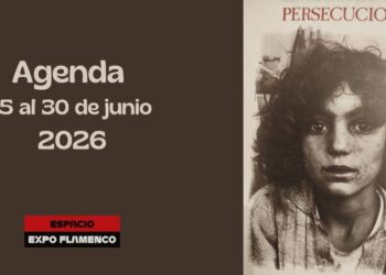 Cartel de agenda: 'Agenda 15 al 30 de junio 2026' con logotipo Espacio Expo Flamenco y retrato sepia a la derecha.