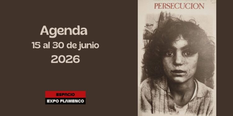 Cartel de agenda: 'Agenda 15 al 30 de junio 2026' con logotipo Espacio Expo Flamenco y retrato sepia a la derecha.