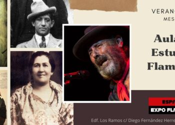 Collage-style poster for Aula de Estudios Flamencos, verano 2026, featuring vintage portraits and a guitarist on stage.