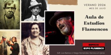 Collage-style poster for Aula de Estudios Flamencos, verano 2026, featuring vintage portraits and a guitarist on stage.