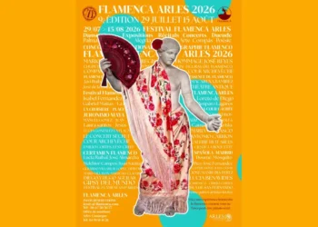 Poster for Flamenca Arles 2026 featuring a flamenco dancer with a fan against an orange background; includes festival dates.