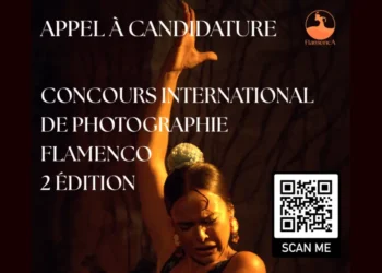 Poster announcing the International Flamenco Photography Contest; shows a flamenco dancer with a Scan Me QR code on the right.