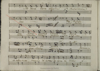 Vintage handwritten musical score page with staves and cursive Spanish lyrics, watermark Ayuntamiento de Madrid nearby.