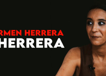 Portrait of a woman on the right with a brown sleeveless top, while bold red and white text reads 'CARMEN HERRERA GHERERRA' on a black background to the left.