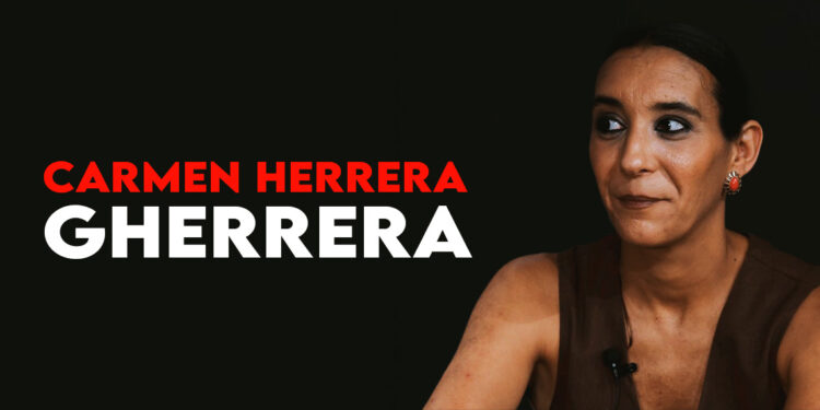 Portrait of a woman on the right with a brown sleeveless top, while bold red and white text reads 'CARMEN HERRERA GHERERRA' on a black background to the left.