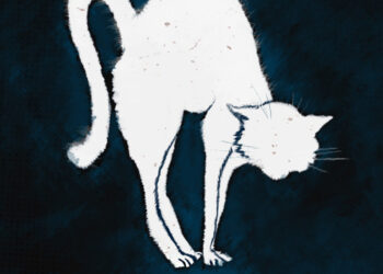 White cat stretching with an arched back against a dark blue background in a simple illustration.