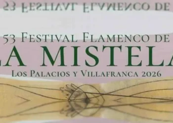 Poster advertising the 53rd Festival Flamenco de La Mistela in Los Palacios y Villafranca 2026, with a pink banner and a guitar motif in the background.