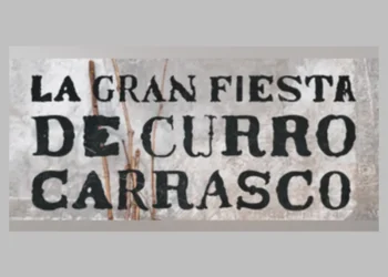 Poster with bold black text reading 'La Gran Fiesta de Curro Carrasco' on a gray background