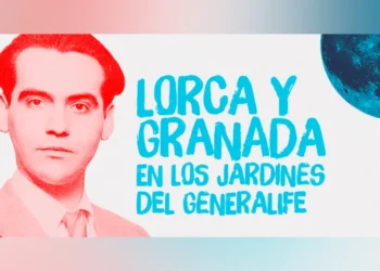 Poster advertising 'Lorca y Granada en los Jardines del Generalife' with a pink-toned portrait of a man on the left, bold blue handwritten title in the center, and a blue globe image on the top-right; gradient border along the edges.