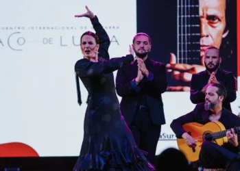 Flamenco troupe performing on stage: a dancer in a black dress with raised arm, guitarist seated to the right, several musicians applauding in the background.