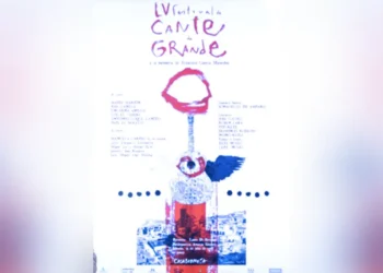 Poster advertising a festival with purple text at the top and a central abstract figure featuring a red ring and a blue wing or shape, on a light background.