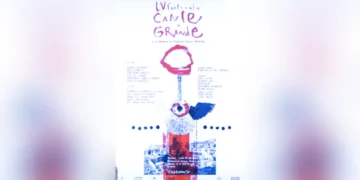Poster advertising a festival with purple text at the top and a central abstract figure featuring a red ring and a blue wing or shape, on a light background.