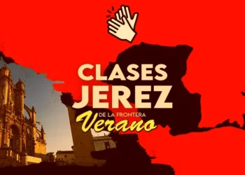 Poster announcing summer classes in Jerez de la Frontera, with a red background, a clapping hands icon, and a historic church image on the left.