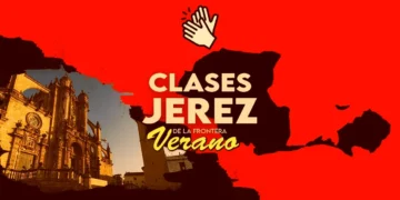 Poster announcing summer classes in Jerez de la Frontera, with a red background, a clapping hands icon, and a historic church image on the left.