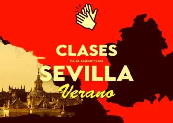 Promotional banner for summer flamenco classes in Sevilla, with a clapping-hands icon on a red background and a city skyline on the left.