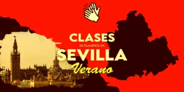 Promotional banner for summer flamenco classes in Sevilla, with a clapping-hands icon on a red background and a city skyline on the left.