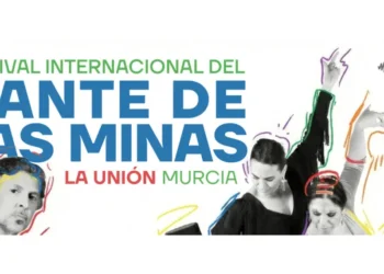 Festival Internacional del Cante de las Minas banner with colorful dancing illustration and city logo, La Unión, Murcia, text in blue and green.