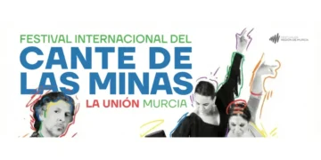 Festival Internacional del Cante de las Minas banner with colorful dancing illustration and city logo, La Unión, Murcia, text in blue and green.