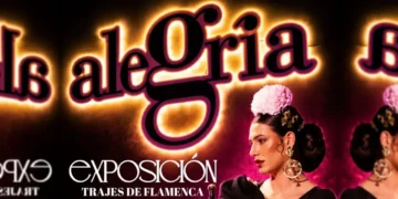 Poster for a flamenco dress exposition; a dancer in black with pink flowers against a neon sign.