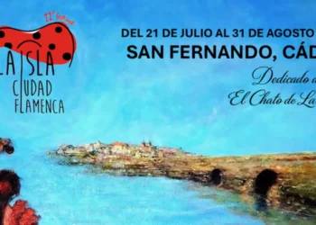 Festival poster for La Isla Ciudad Flamenca: blue sea background, red guitar logo, announcing San Fernando, Cádiz festival July–August 2026, dedicated to El Chato de La Isla.
