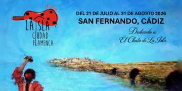 Festival poster for La Isla Ciudad Flamenca: blue sea background, red guitar logo, announcing San Fernando, Cádiz festival July–August 2026, dedicated to El Chato de La Isla.