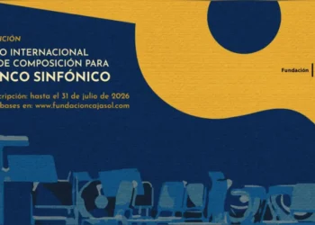 Poster for the International Cajasol Composition Contest for Flamenco Sinfónico, second edition, with blue and yellow abstract shapes and Spanish text.