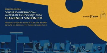 Poster for the International Cajasol Composition Contest for Flamenco Sinfónico, second edition, with blue and yellow abstract shapes and Spanish text.