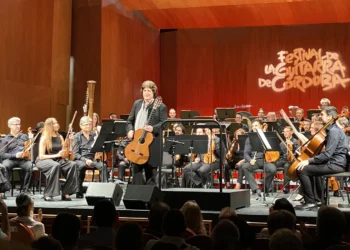 Center-stage guitarist stands amid an orchestra of string players, with the audience in the foreground and a wood-paneled concert hall behind them, during a festival performance.