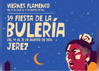 Blue event poster announcing '59 Fiesta de la Bulería' in Jerez, Flamenco festival, July 24–Aug 14, 2026 (with a stylized portrait).