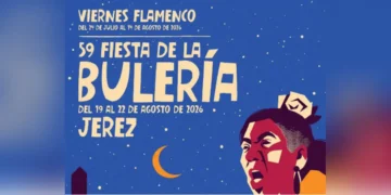 Blue event poster announcing '59 Fiesta de la Bulería' in Jerez, Flamenco festival, July 24–Aug 14, 2026 (with a stylized portrait).