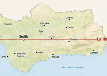 Map of Spain showing a red horizontal line across the southern half labeled 'La línea Pastori,' with major cities such as Sevilla, Córdoba, Granada, Málaga, Cádiz, Jerez de la Frontera, Jaén, Linares, Écija, Lucena, Aracena, Ronda, and Almería.