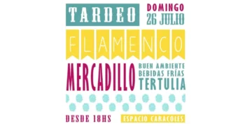 Event poster for a Flamenco mercadillo tertulía on Sunday, July 26, with drinks and a good atmosphere at Espacio Caracoles, from 6pm (18:00).