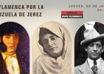 Promotional poster for Ruta Flamenca por la Albarizuela de Jerez with three vintage portraits and details: Jueves 30 de julio 2026, 20:30, Espacio Expo Flamenco.