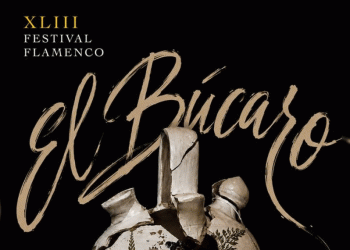 Poster for the XLIII Festival Flamenco with a cracked ceramic vase and gold cursive lettering on a black background.