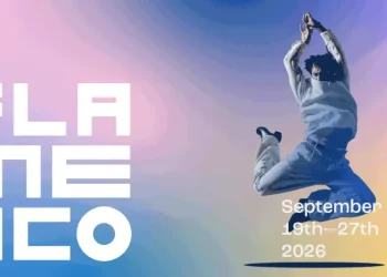 Vibrant gradient poster with a person jumping on the right and large white geometric text 'FLAME NEON' on the left, advertising an event from September 19–27, 2026.