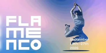 Vibrant gradient poster with a person jumping on the right and large white geometric text 'FLAME NEON' on the left, advertising an event from September 19–27, 2026.