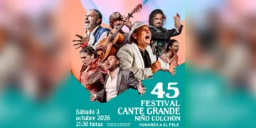 Colorful festival poster showing multiple musicians singing and playing guitar; text reads “45 Festival Cante Grande” with date and time: “Sábado 3 octubre 2026 21:30 horas.”