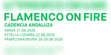 Poster announcing Flamenco on Fire: Cadencia Andaluza with tour dates in Viana (21.08.2026), Estella-Lizarra (22.08.2026), Pamplona/Iruña (26–29.08.2026).