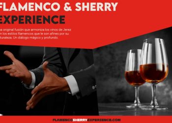 Promotional banner for Flamenco & Sherry Experience with a bold red header and two sherry glasses on a dark background.