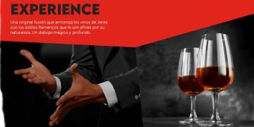 Promotional banner for Flamenco & Sherry Experience with a bold red header and two sherry glasses on a dark background.